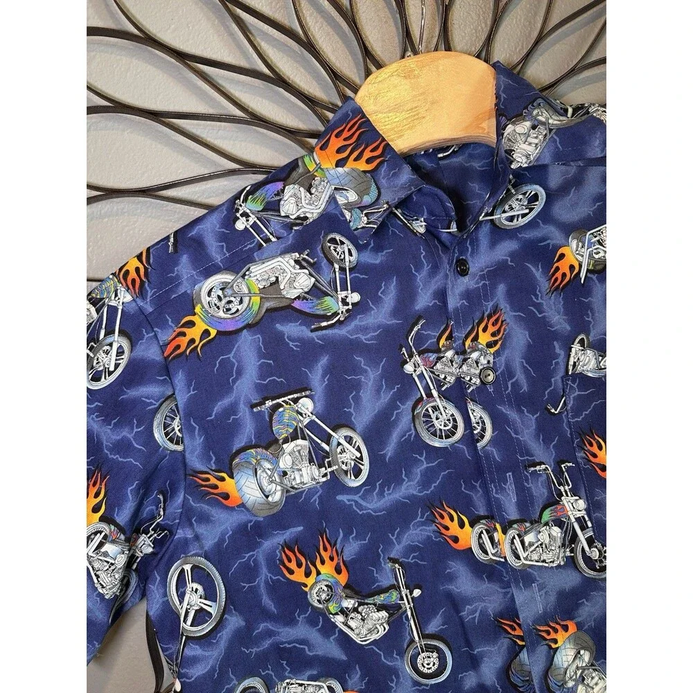 Biker‎ Motorcycle in fire print all over Pattern HiP Hop  Bbq  Motto fire Mens - Picture 3 of 9